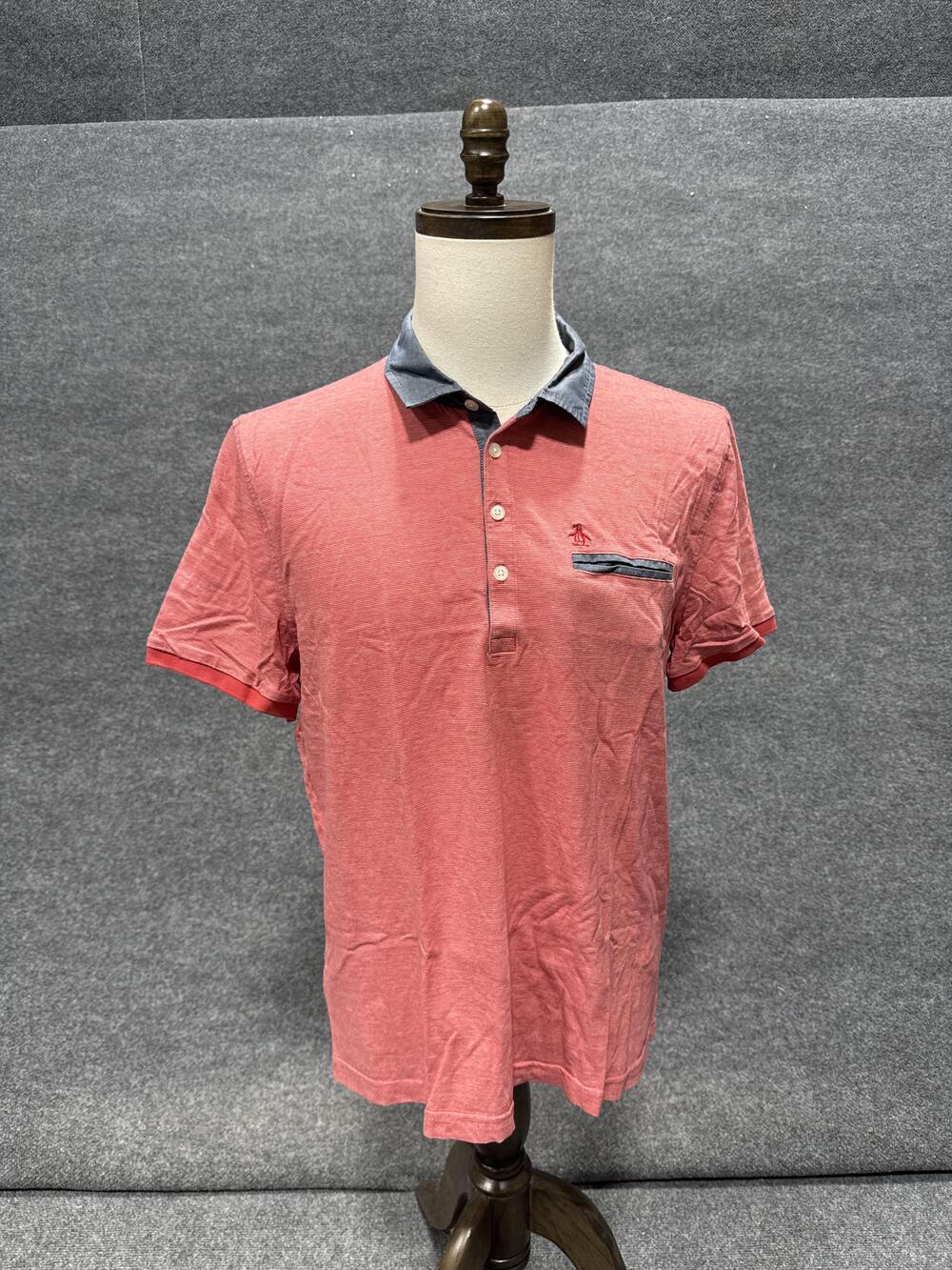 Original Penguin Polo Shirt Mens XL Red Striped Heritage Slim Fit Pocket Top